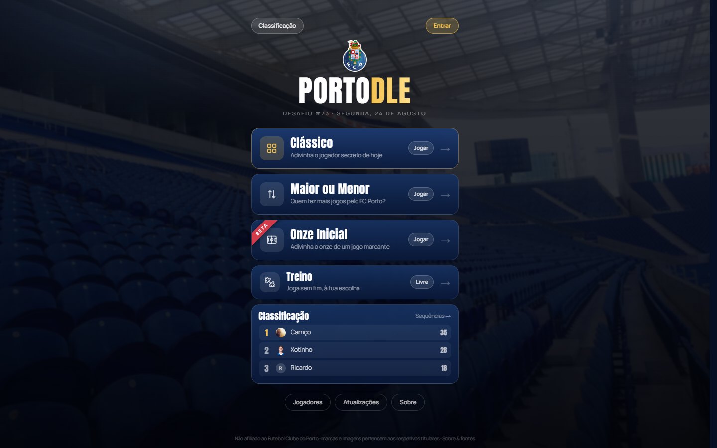 Página inicial do site Portodle